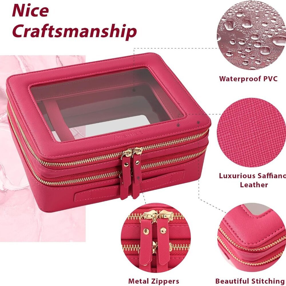 XL Clear Makeup Organizer,Double Layer Travel Cosmetic Case with Brush Holder & - Picture 2 of 3